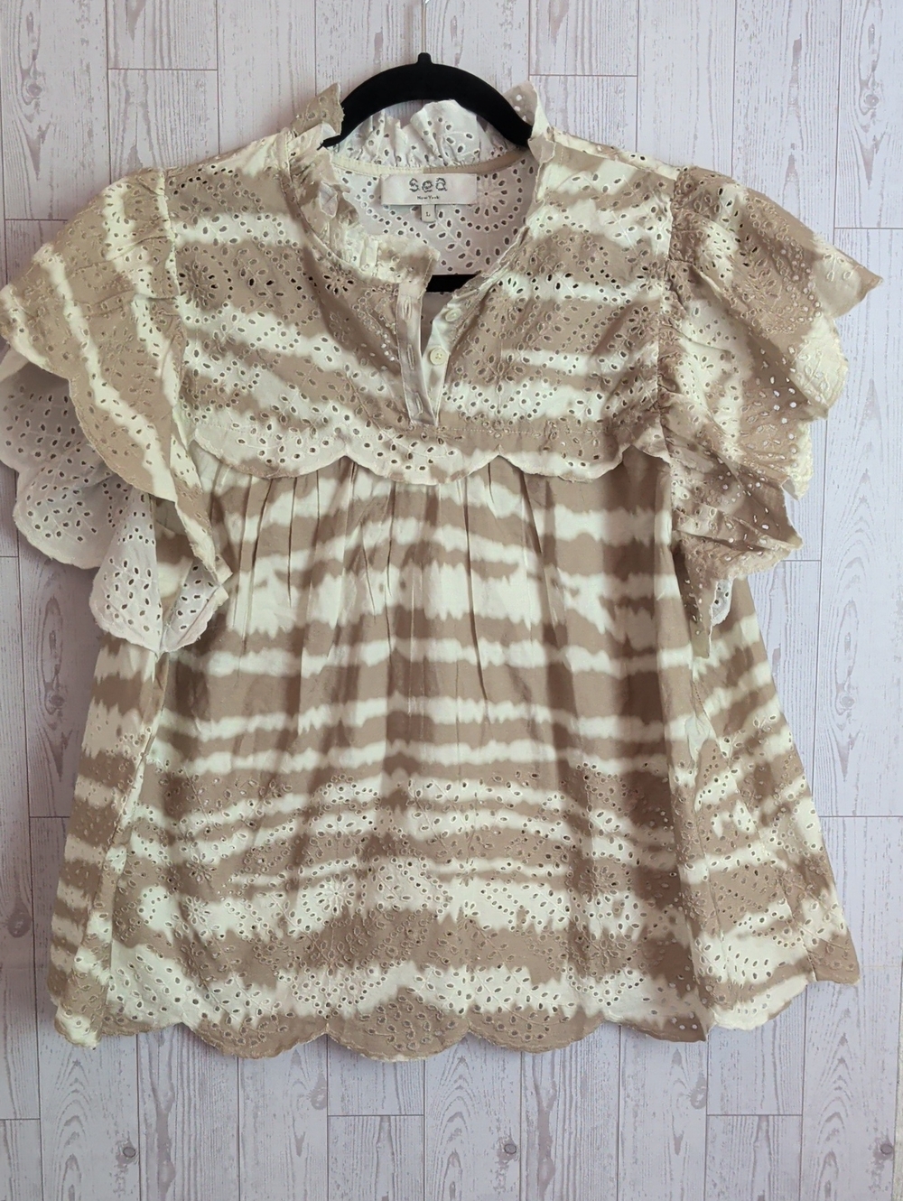 Sea Beige & Cream Eyelet Tie-Dye Ruffle Sleeve Blouse